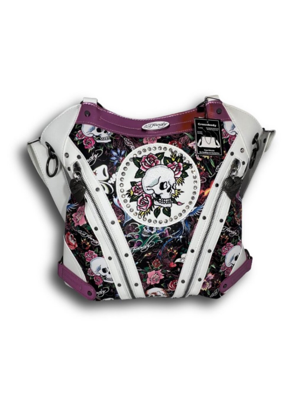 Ed Hardy Skull Roses Rhinestone Studded Crossbody Hobo Bag Tattoo Print NWT